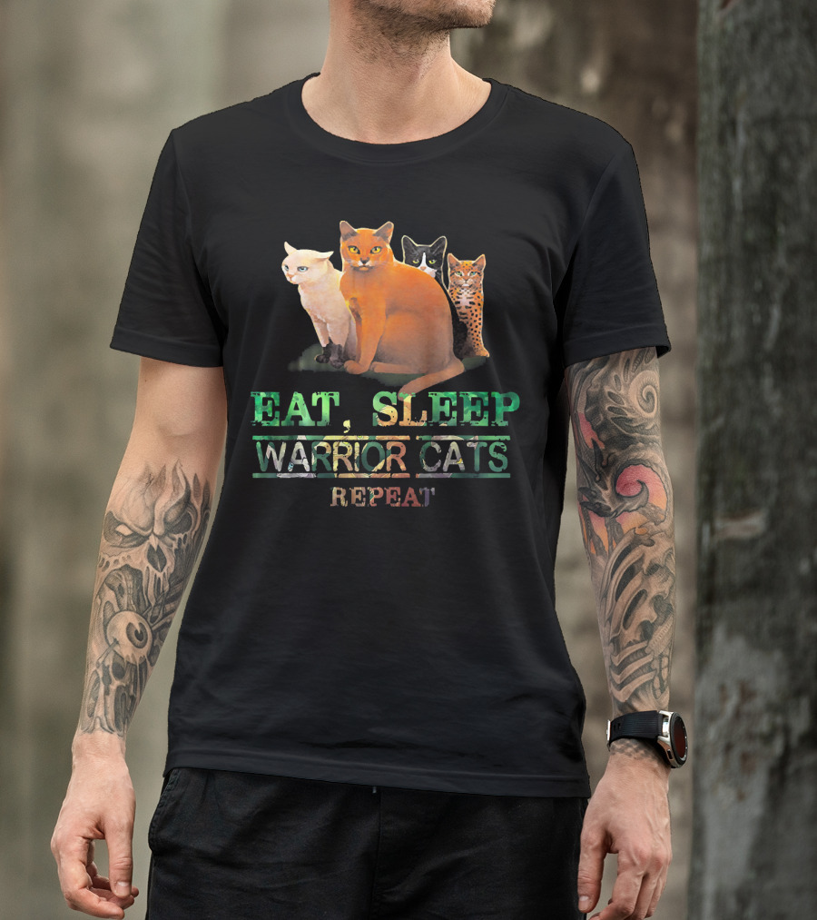 Eat Sleep Warrior Cats Repeat Funny Cat Illustration With Four Colorful Feline Characters T-Shirt