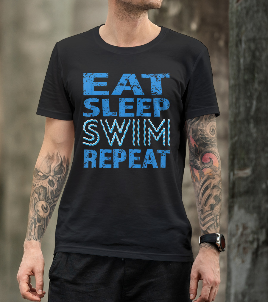 Eat Sleep Swim Repeat Wavy Text Blue T-Shirt