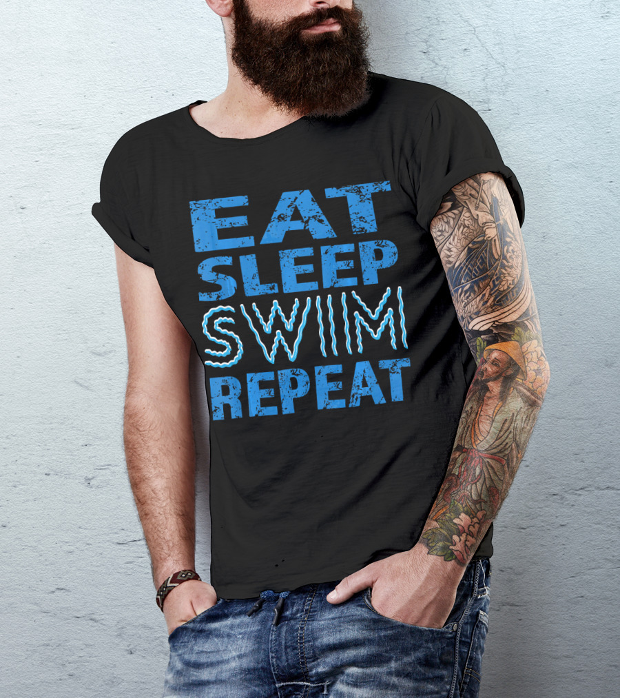 Eat Sleep Swim Repeat Wavy Text Blue T-Shirt