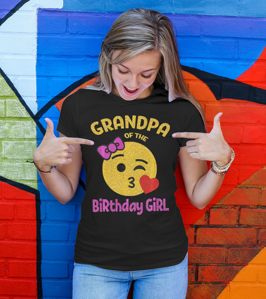 Grandpa Of The Birthday Girl Glitter Emoji Pink Bow Heart Kiss T-Shirt
