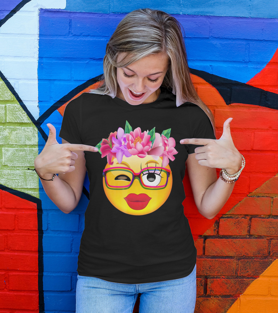 Emoji Face Smiley Emoticon Nerd Winking Glasses And Flower Crown T-Shirt