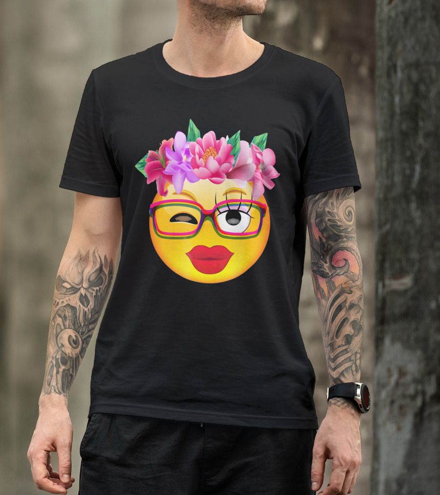 Emoji Face Smiley Emoticon Nerd Winking Glasses And Flower Crown T-Shirt