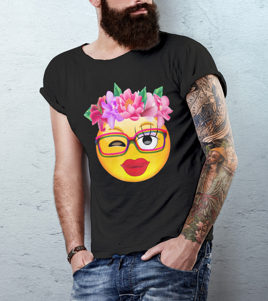 Emoji Face Smiley Emoticon Nerd Winking Glasses And Flower Crown T-Shirt