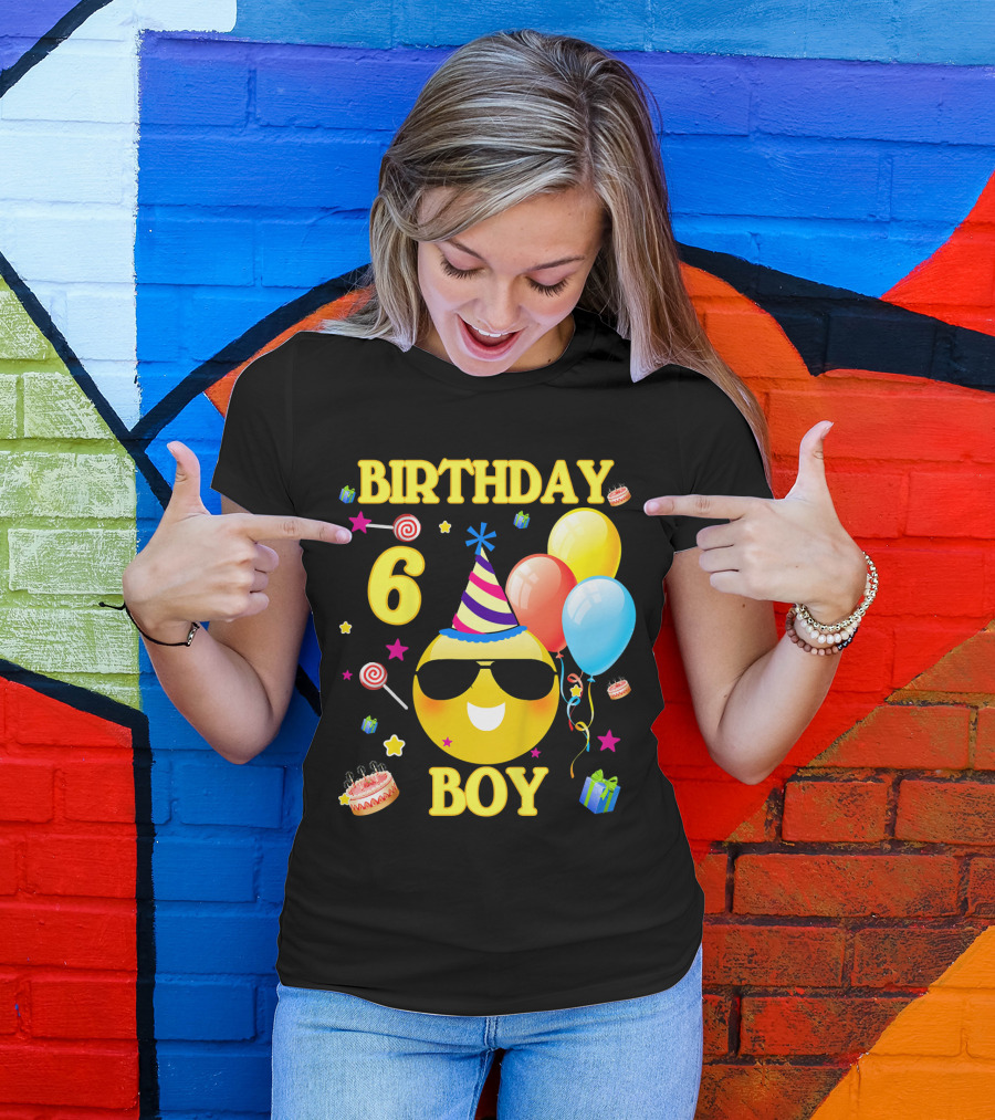 Birthday 6 Boy Emoji With Party Hat And Balloons T-Shirt