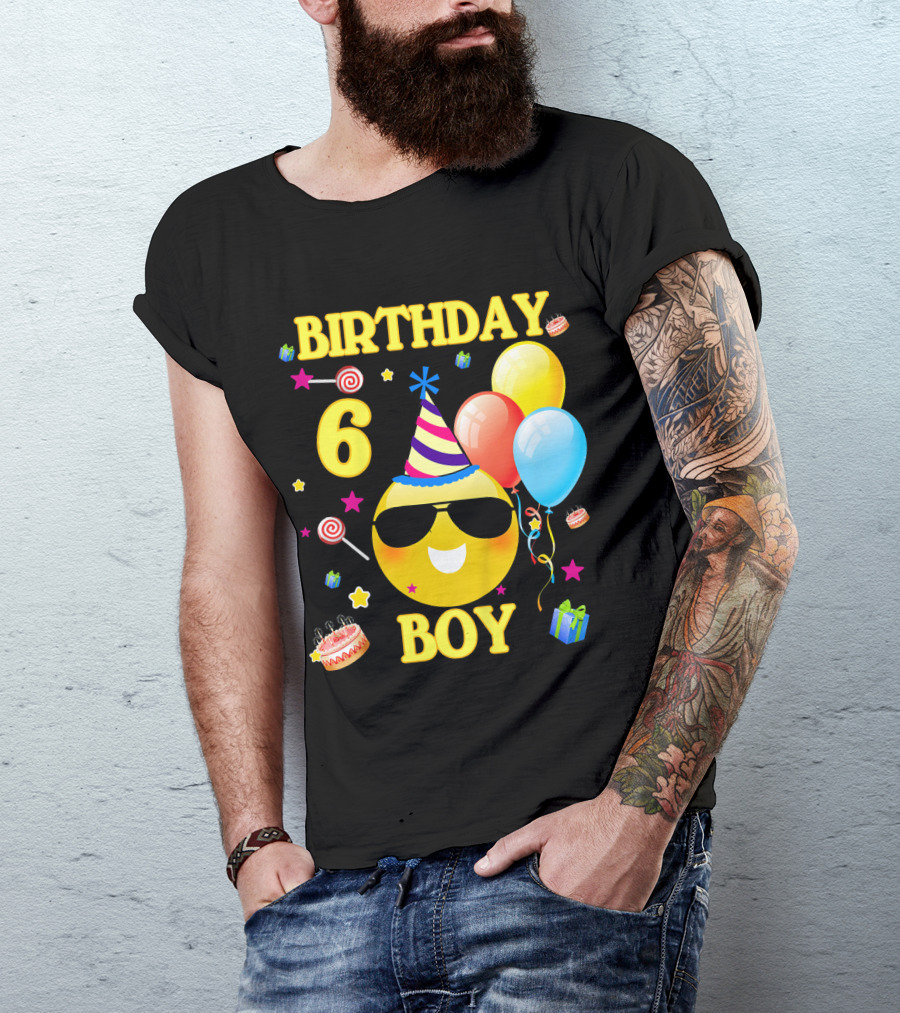 Birthday 6 Boy Emoji With Party Hat And Balloons T-Shirt