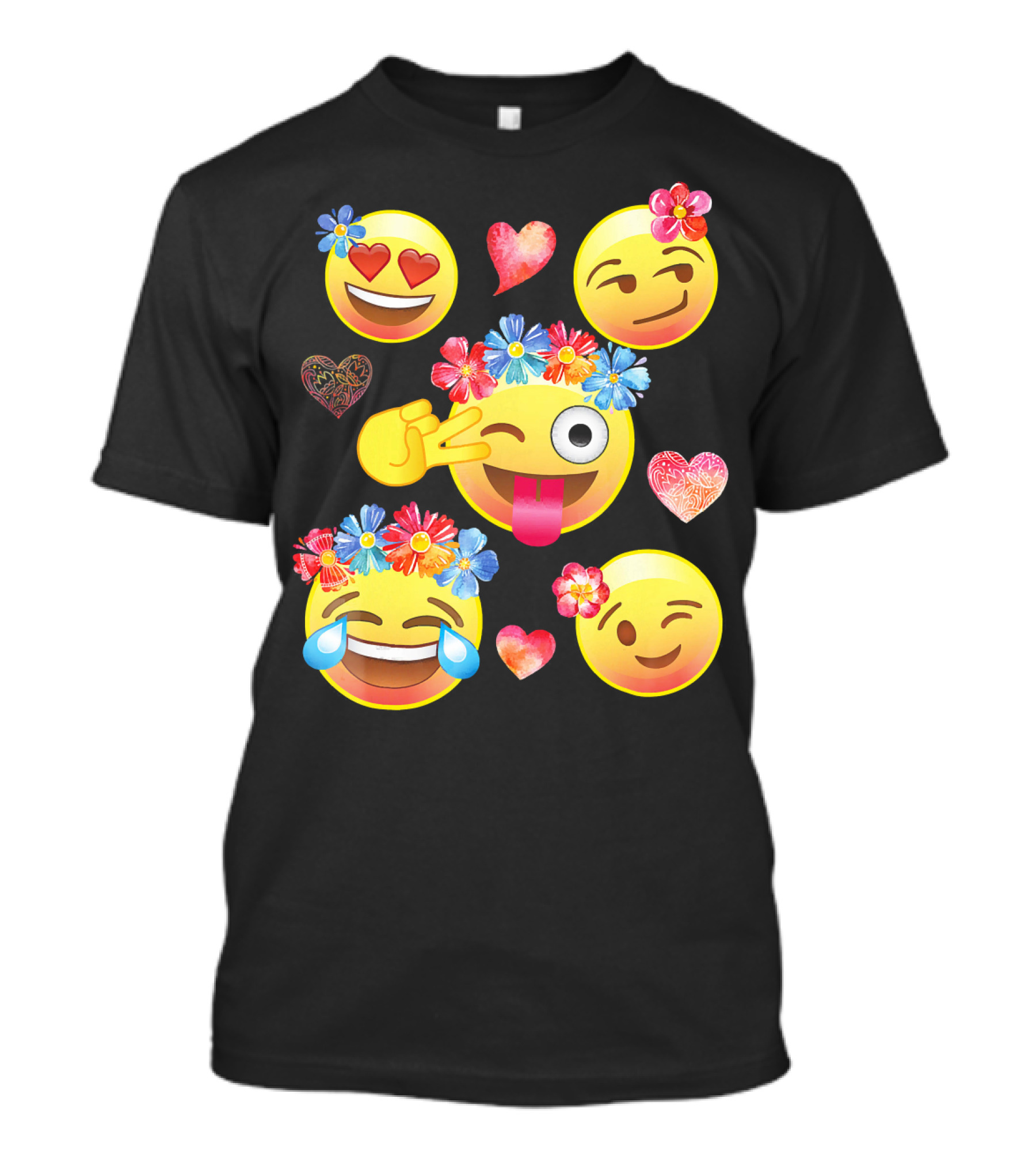 Cute Emoji Flower Crowns Heart Eyes Wink Tongue Out Laughing Crying Hearts T-Shirt