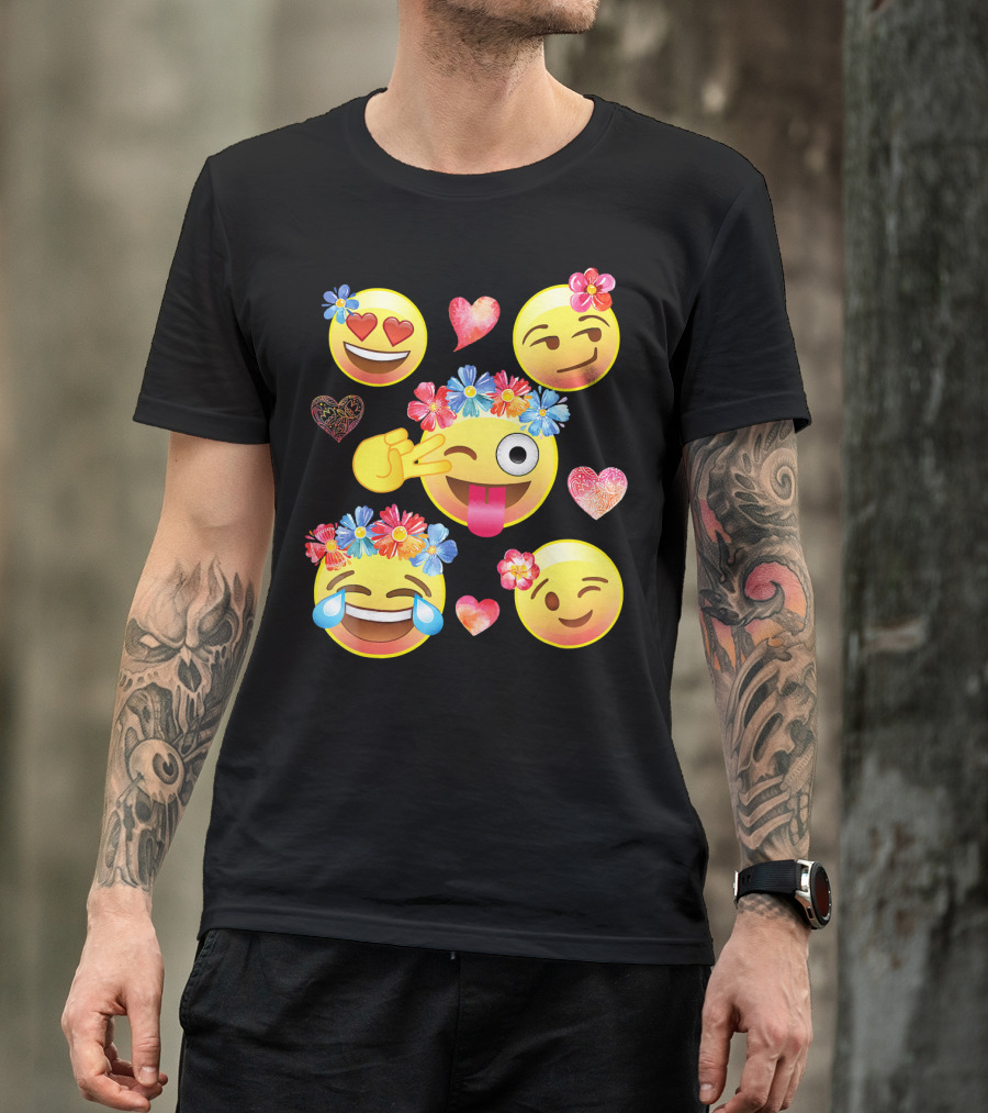 Cute Emoji Flower Crowns Heart Eyes Wink Tongue Out Laughing Crying Hearts T-Shirt