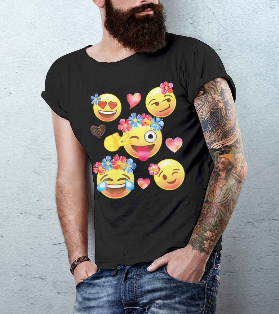 Cute Emoji Flower Crowns Heart Eyes Wink Tongue Out Laughing Crying Hearts T-Shirt