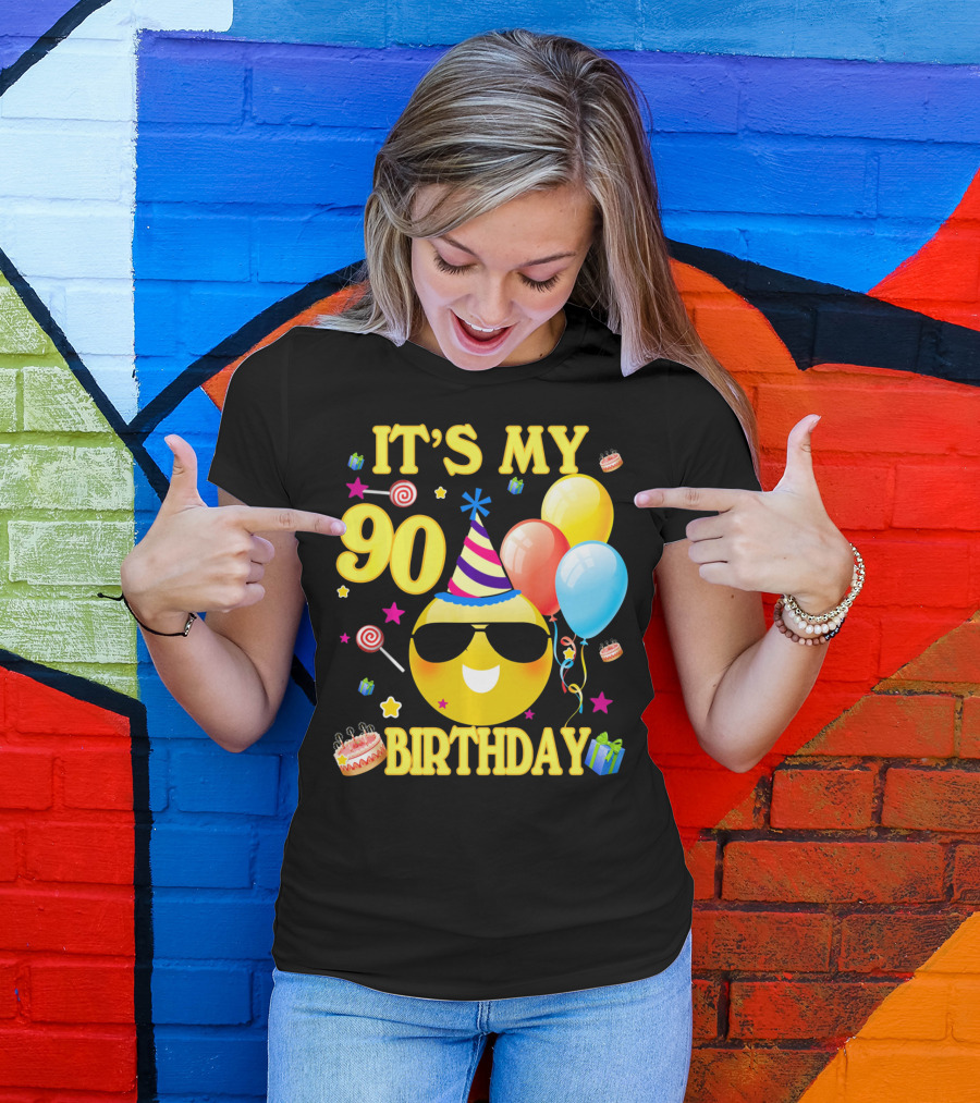 It's My 90 Birthday Cute Emoji Cake Balloons Party Hat T-Shirt