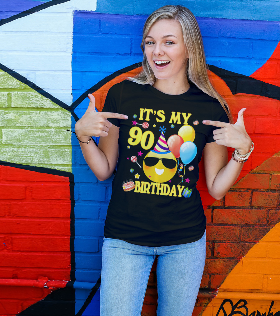 It's My 90 Birthday Cute Emoji Cake Balloons Party Hat T-Shirt