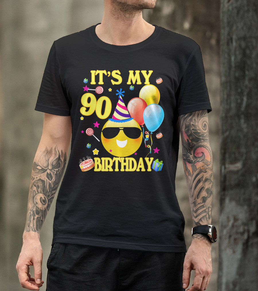 It's My 90 Birthday Cute Emoji Cake Balloons Party Hat T-Shirt