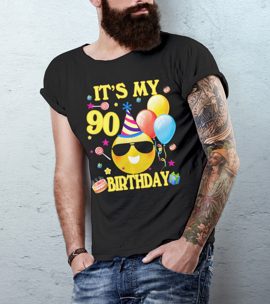It's My 90 Birthday Cute Emoji Cake Balloons Party Hat T-Shirt