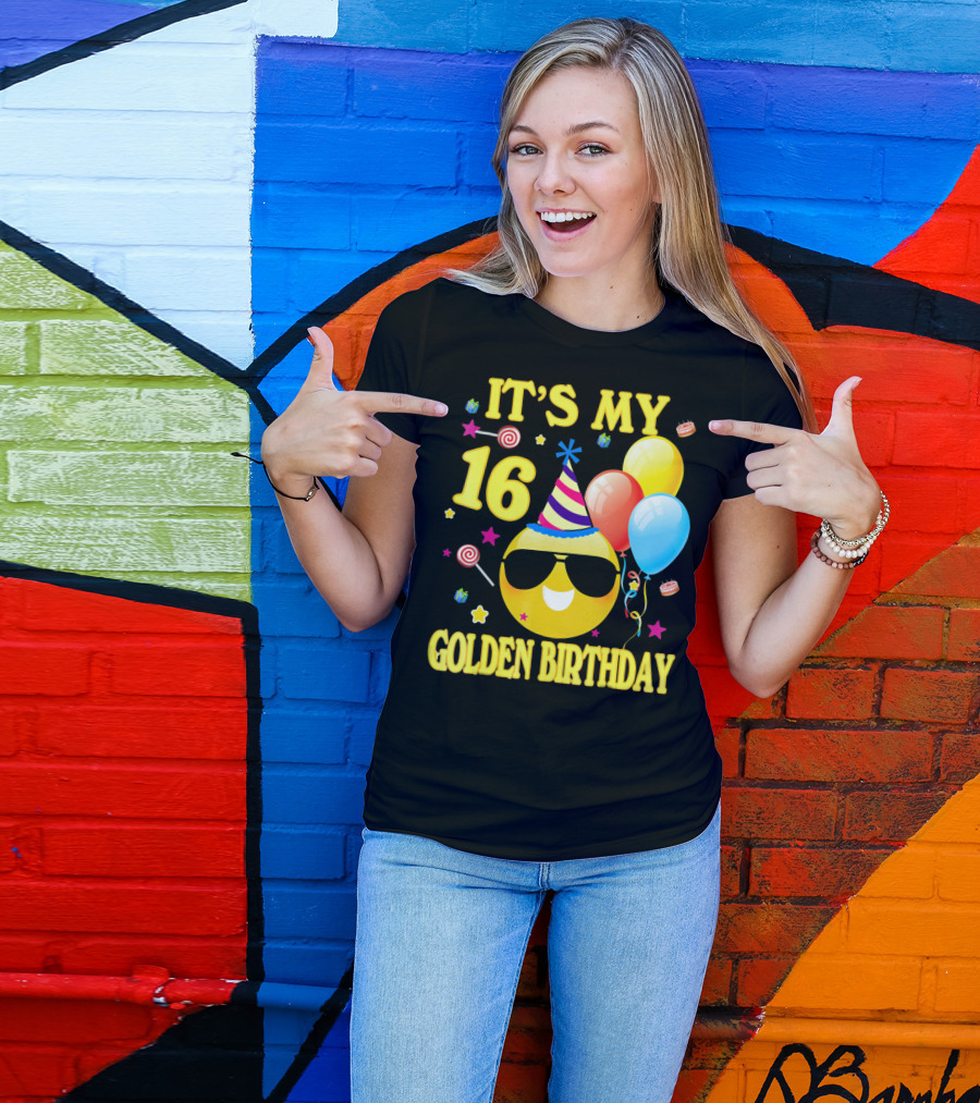 It's My 16 Golden Birthday Emoji Balloons Party Hat T-Shirt