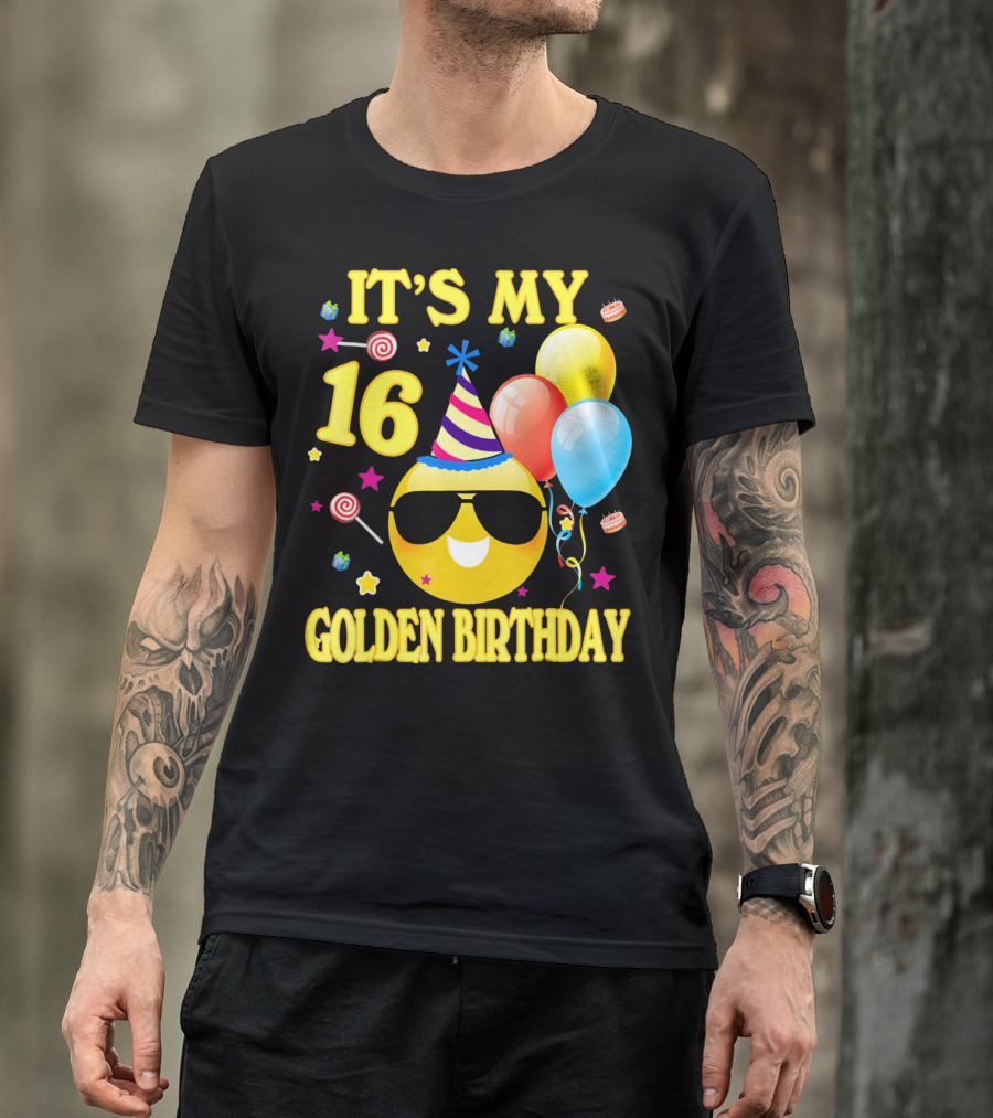 It's My 16 Golden Birthday Emoji Balloons Party Hat T-Shirt