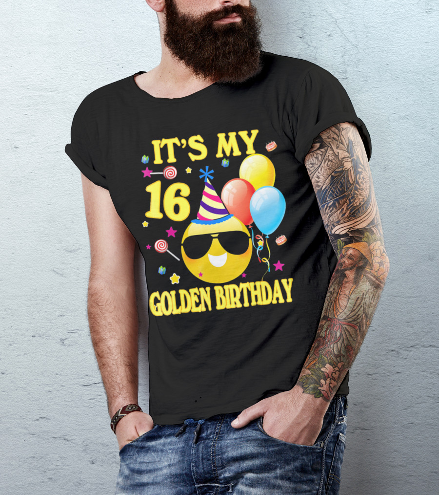 It's My 16 Golden Birthday Emoji Balloons Party Hat T-Shirt