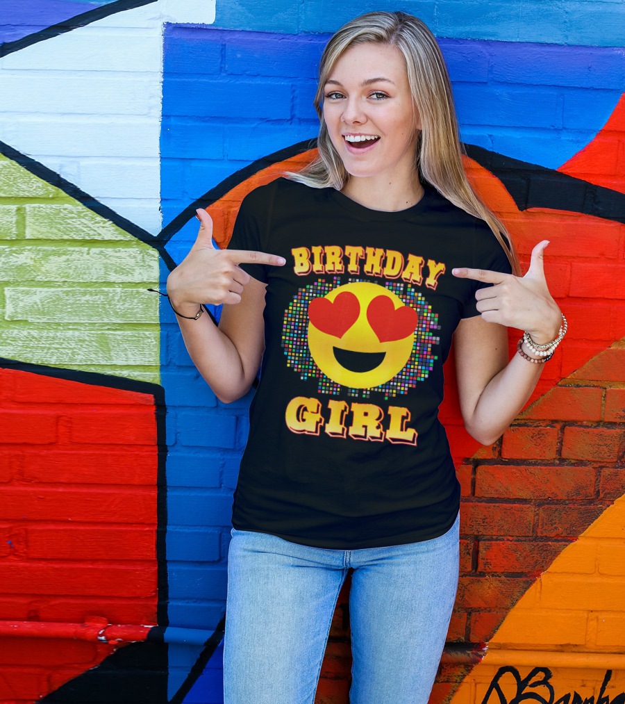 Birthday Girl Heart Eyes Emoji Colorful Pixels T-Shirt