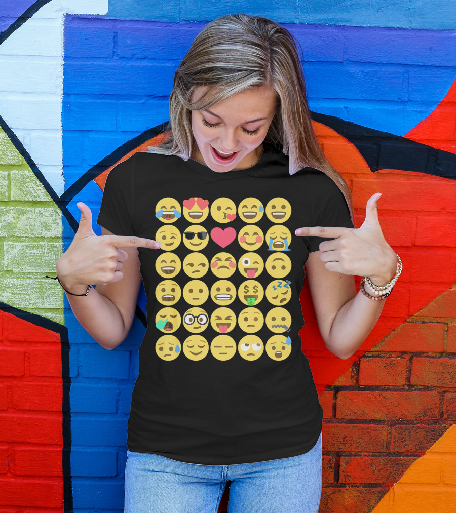 Emoji Emoticons Smiley Faces Heart Sunglasses Laughing Crying Stack T-Shirt