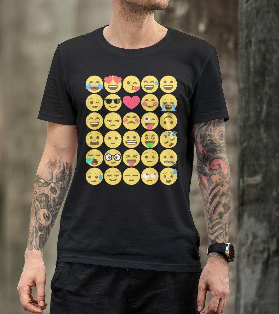 Emoji Emoticons Smiley Faces Heart Sunglasses Laughing Crying Stack T-Shirt