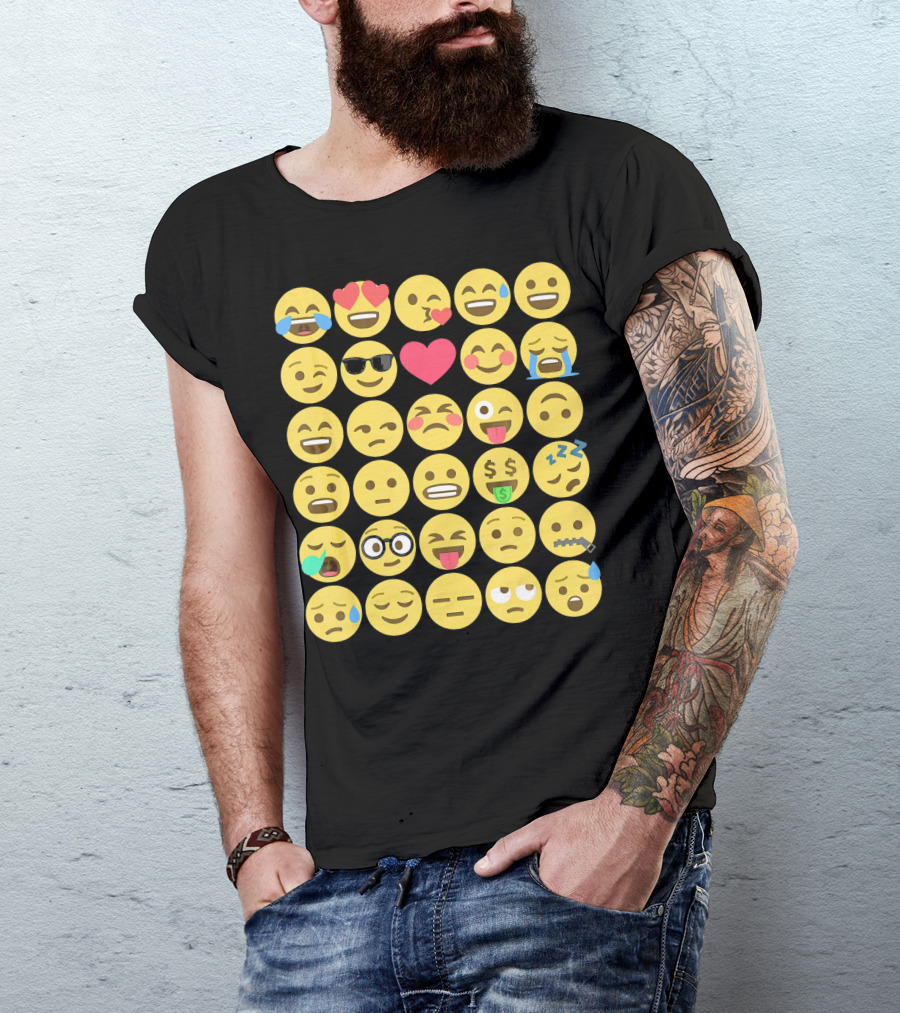 Emoji Emoticons Smiley Faces Heart Sunglasses Laughing Crying Stack T-Shirt