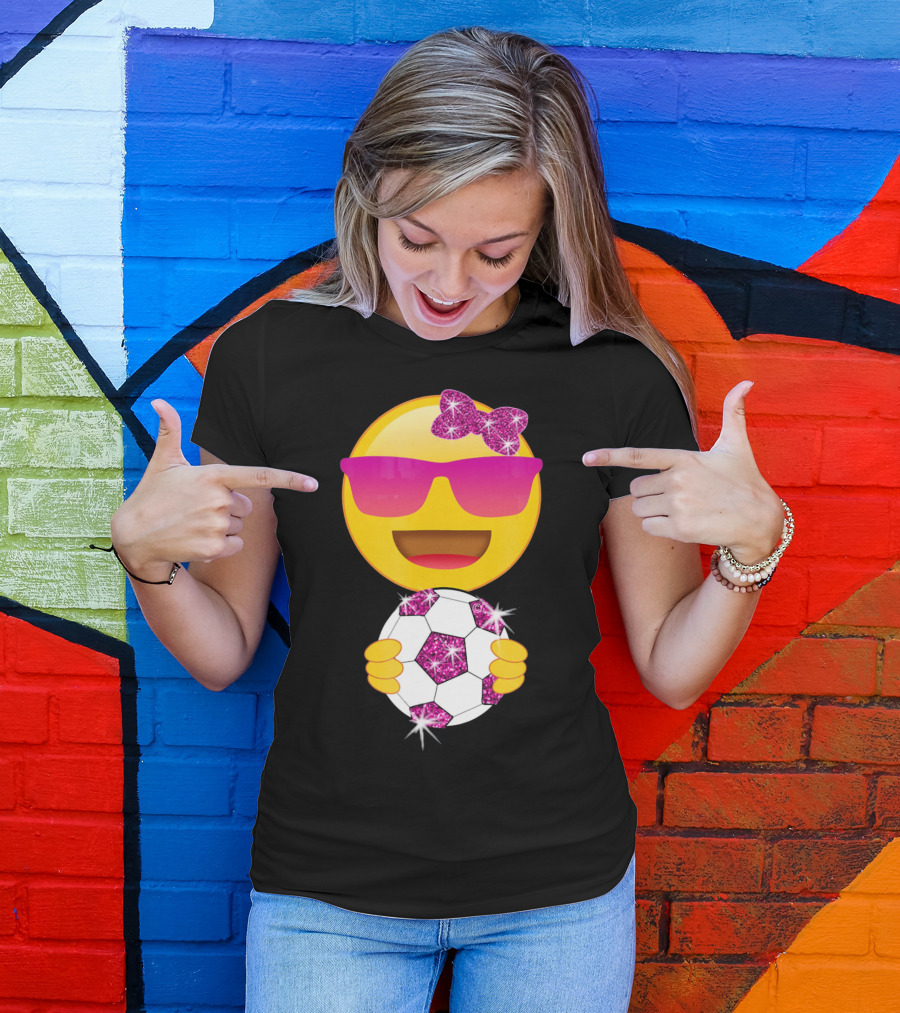 Cute Emoji With Sunglasses Holding A Sparkling Soccer Ball And Glitter Bow T-Shirt