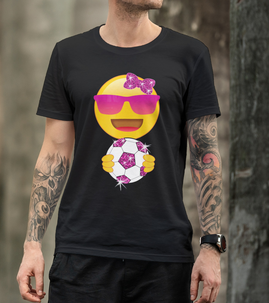 Cute Emoji With Sunglasses Holding A Sparkling Soccer Ball And Glitter Bow T-Shirt