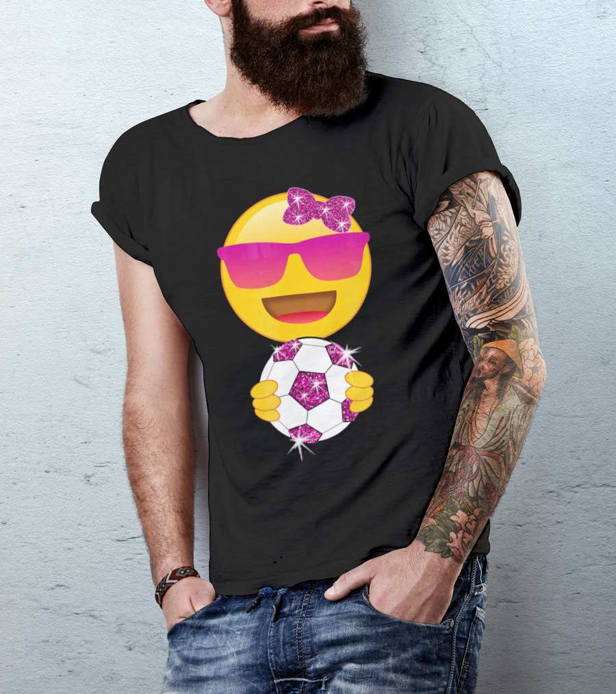 Cute Emoji With Sunglasses Holding A Sparkling Soccer Ball And Glitter Bow T-Shirt