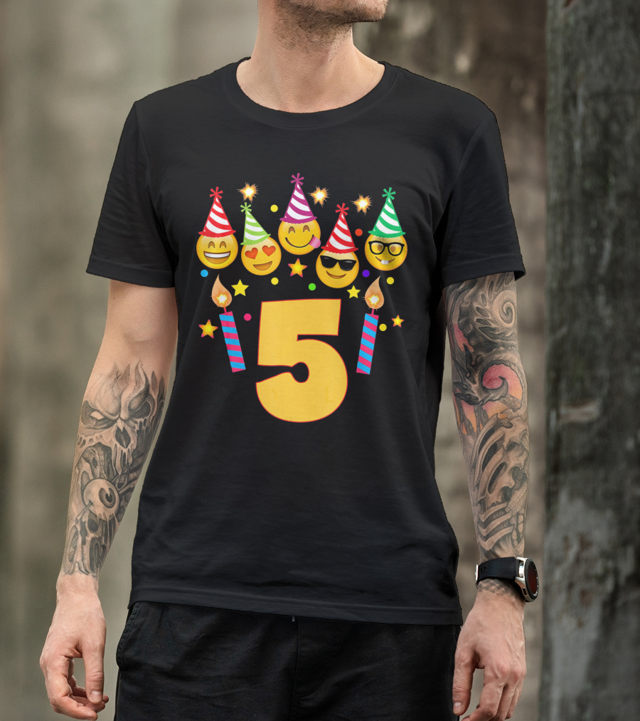 Five Year Old Birthday With Party Emoji Faces And Candles T-Shirt