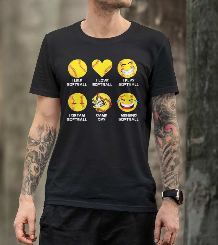 Softball Emoji I Like Love Play Dream Game Day Missing Softball T-Shirt