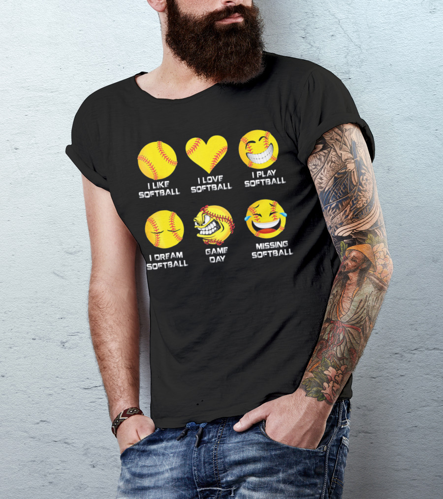 Softball Emoji I Like Love Play Dream Game Day Missing Softball T-Shirt