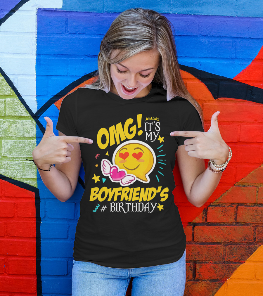OMG It's My Boyfriend's Birthday Cool Emo Emoji Hearts Wings T-Shirt