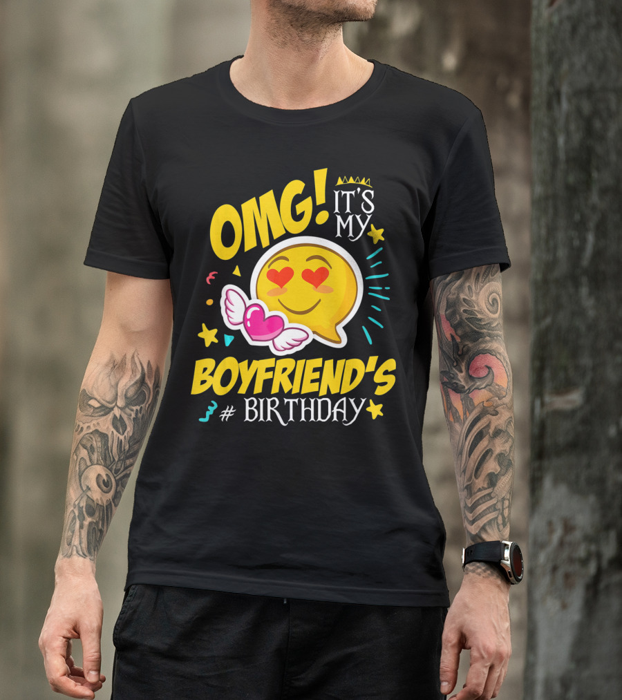 OMG It's My Boyfriend's Birthday Cool Emo Emoji Hearts Wings T-Shirt