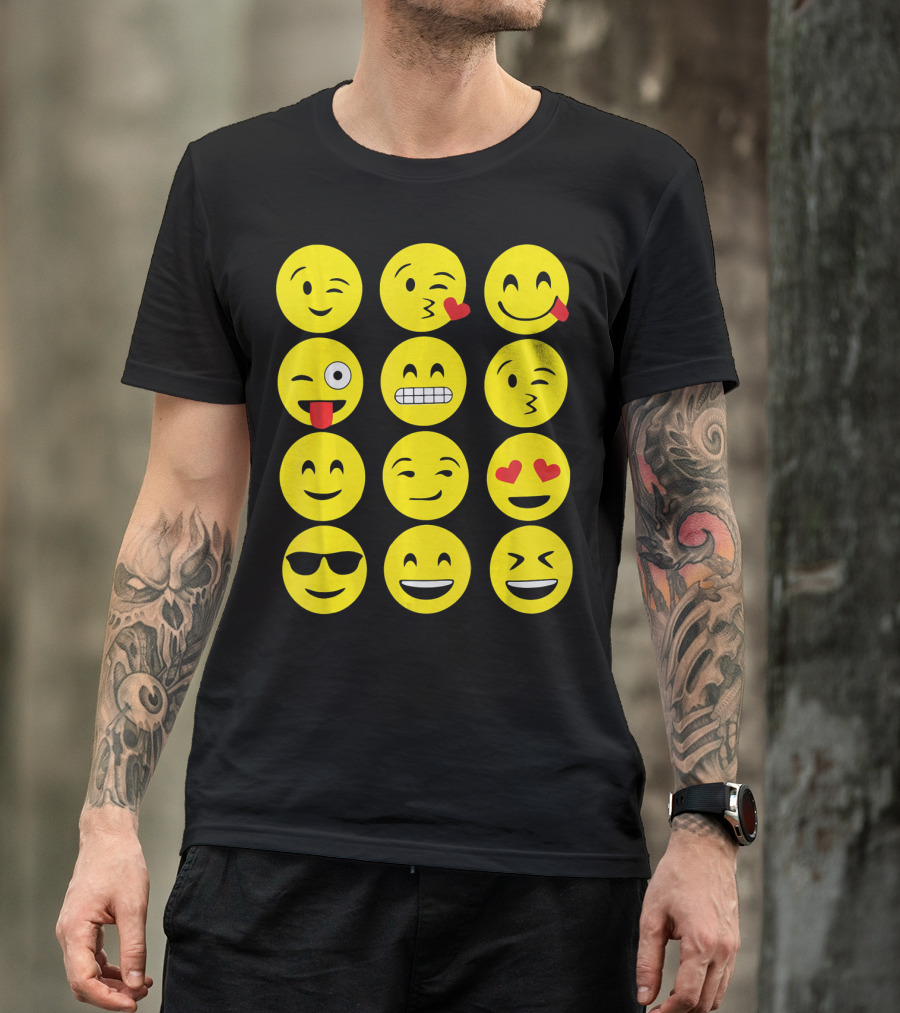 Emojis Funny Emoji Yellow Face Winking Smiling Heart Eyes Sunglasses Expression T-Shirt