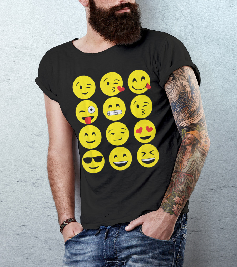 Emojis Funny Emoji Yellow Face Winking Smiling Heart Eyes Sunglasses Expression T-Shirt