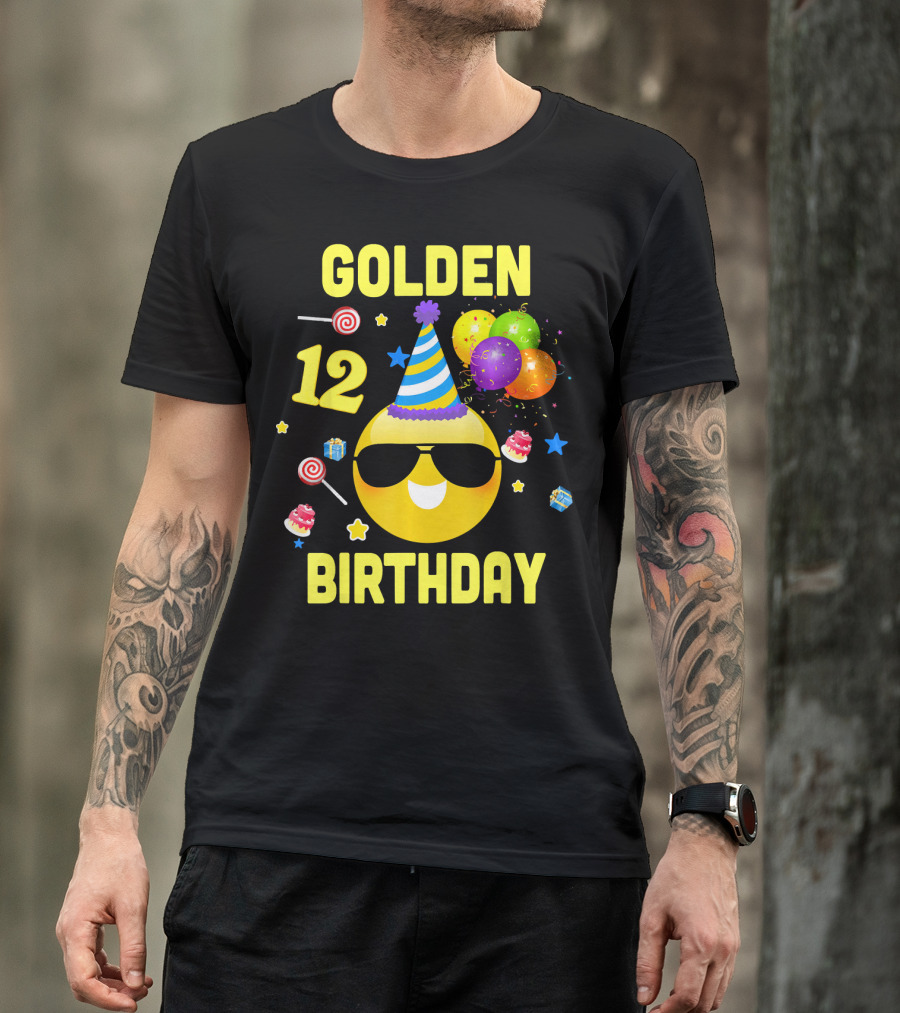 Golden Birthday 12 Emoji Party Hat Sunglasses Balloons Confetti T-Shirt