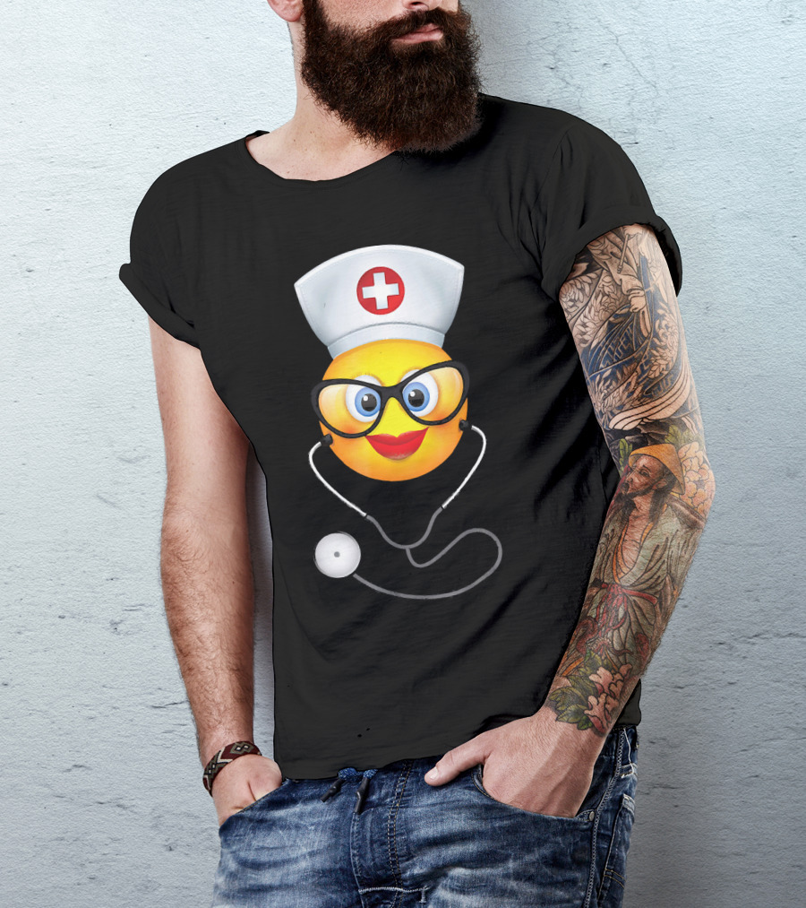Nurse Halloween Funny Emoji Glasses Stethoscope T-Shirt