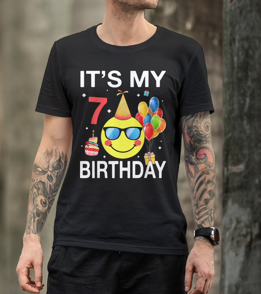 IT'S MY 7 BIRTHDAY Emoji Party Hat Sunglasses Balloons Cake T-Shirt