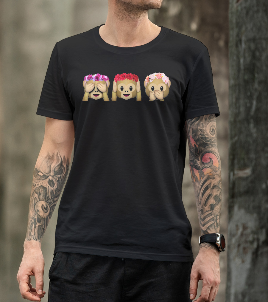 Three Emoji Monkey Flower Crown Hear Speak See T-Shirt