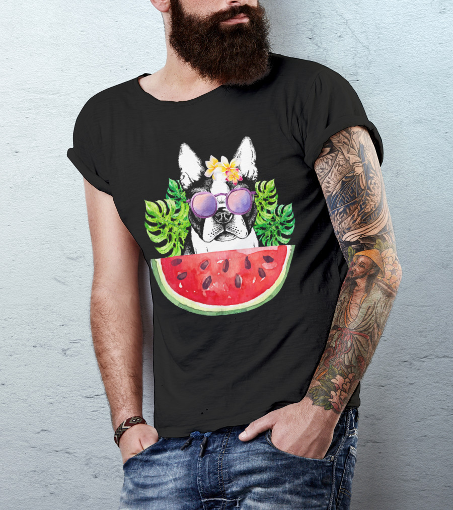 Funny Boston Terrier Love Summer Watermelon Sunglasses Tropical Vibes T-Shirt