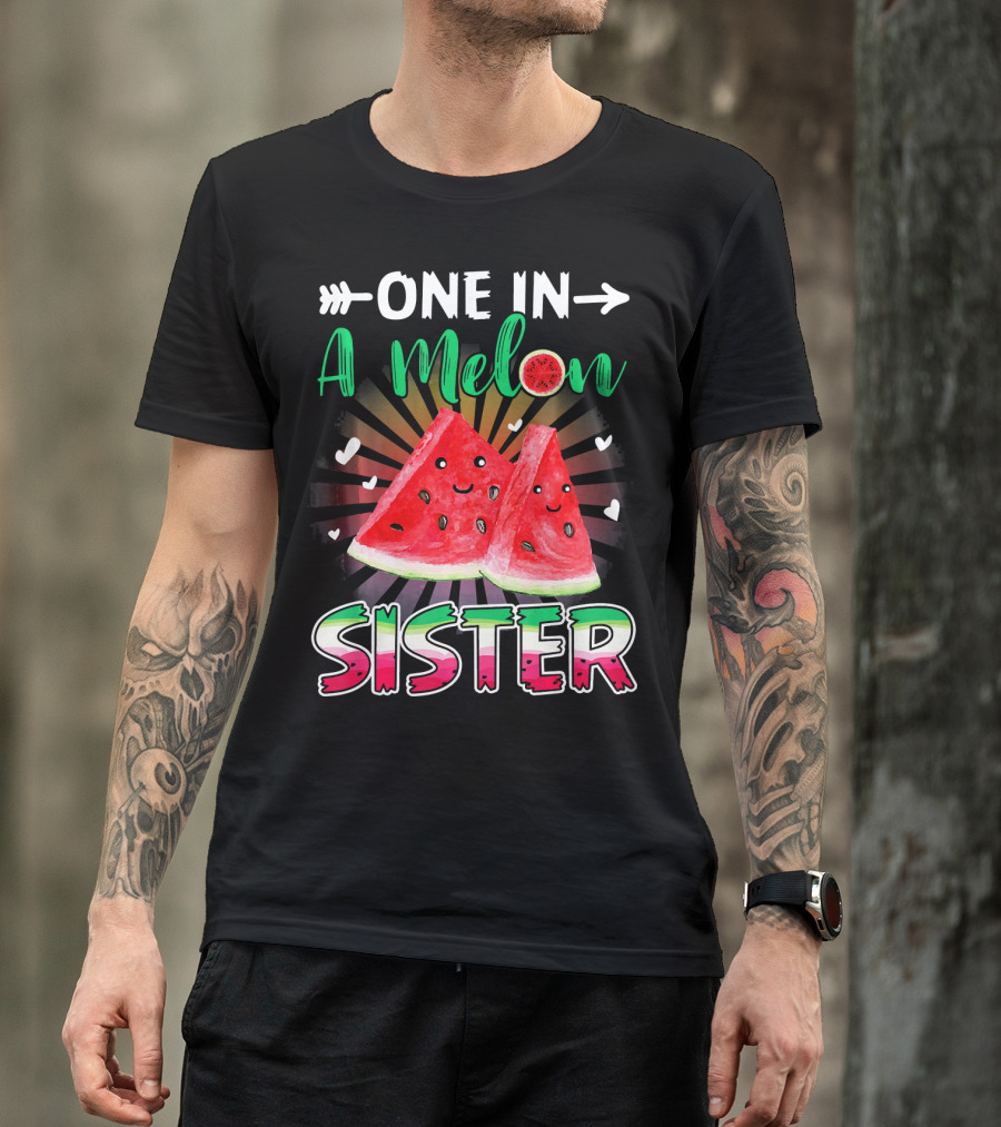 One In A Melon Sister Funny Watermelon With Smiling Slices And Hearts T-Shirt