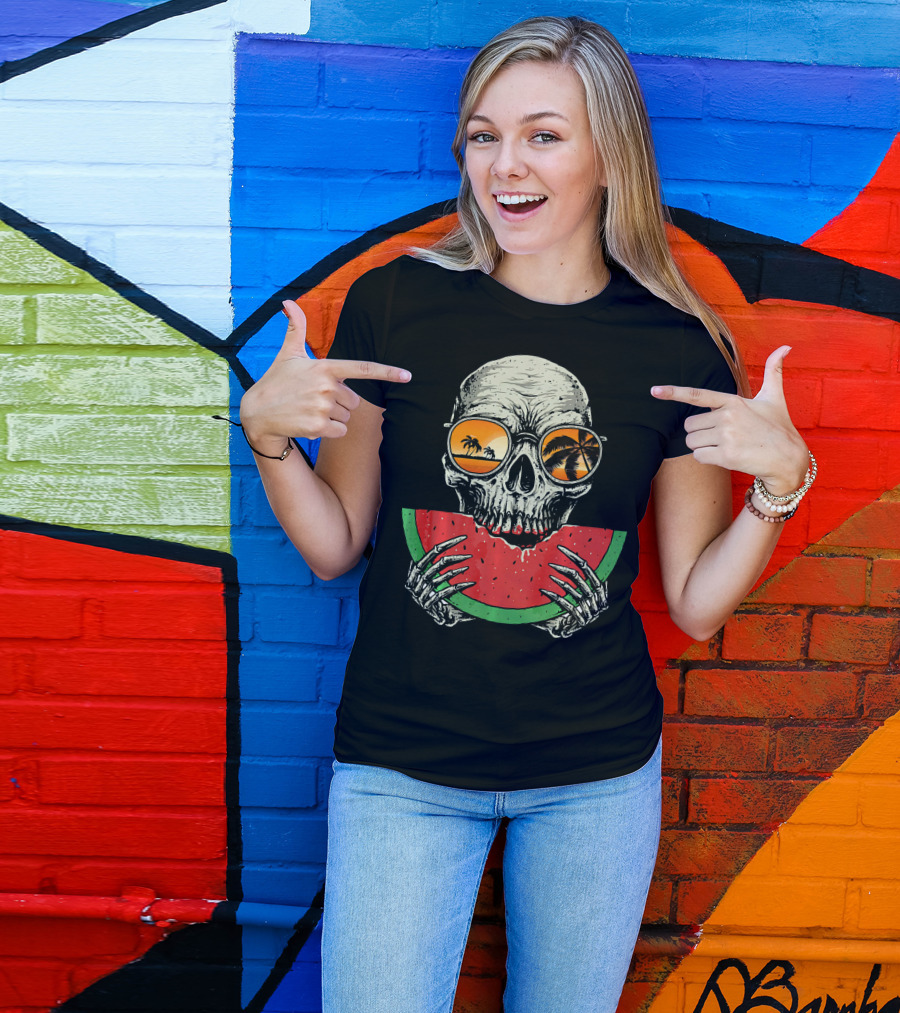 Watermelon Skull Wearing Summer Glasses With Beach Reflections T-Shirt