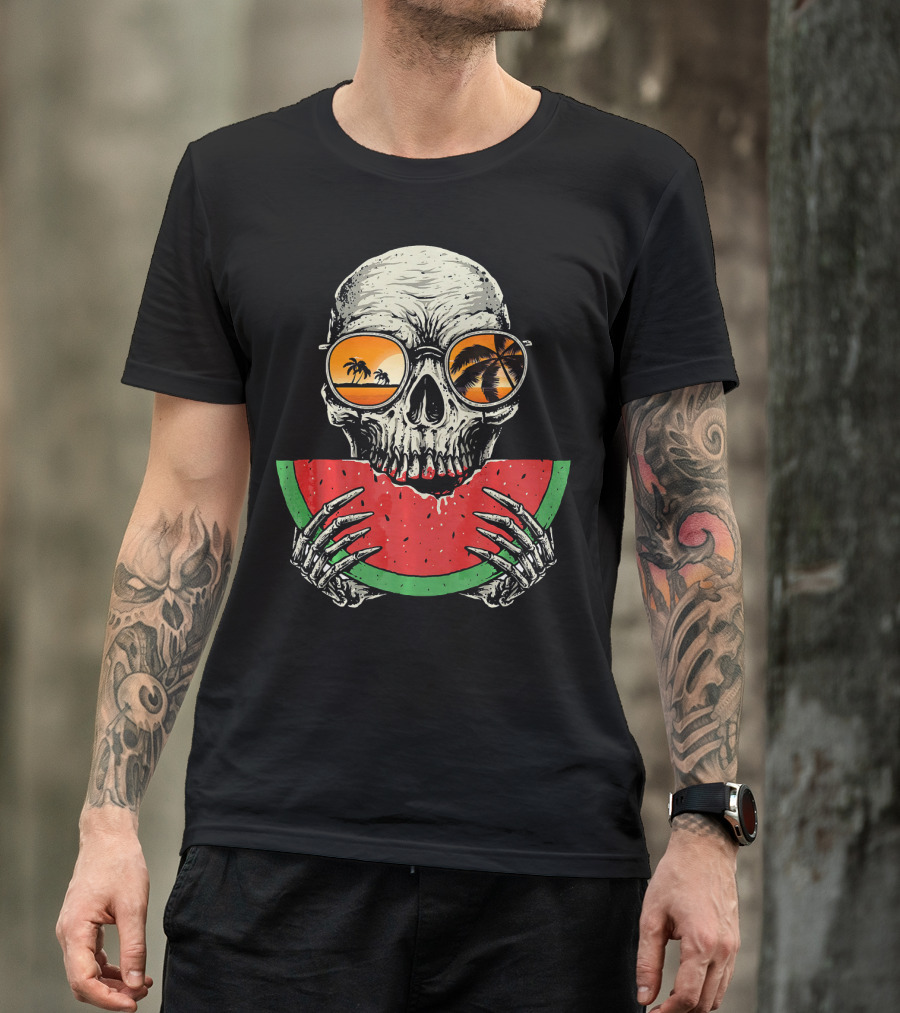 Watermelon Skull Wearing Summer Glasses With Beach Reflections T-Shirt