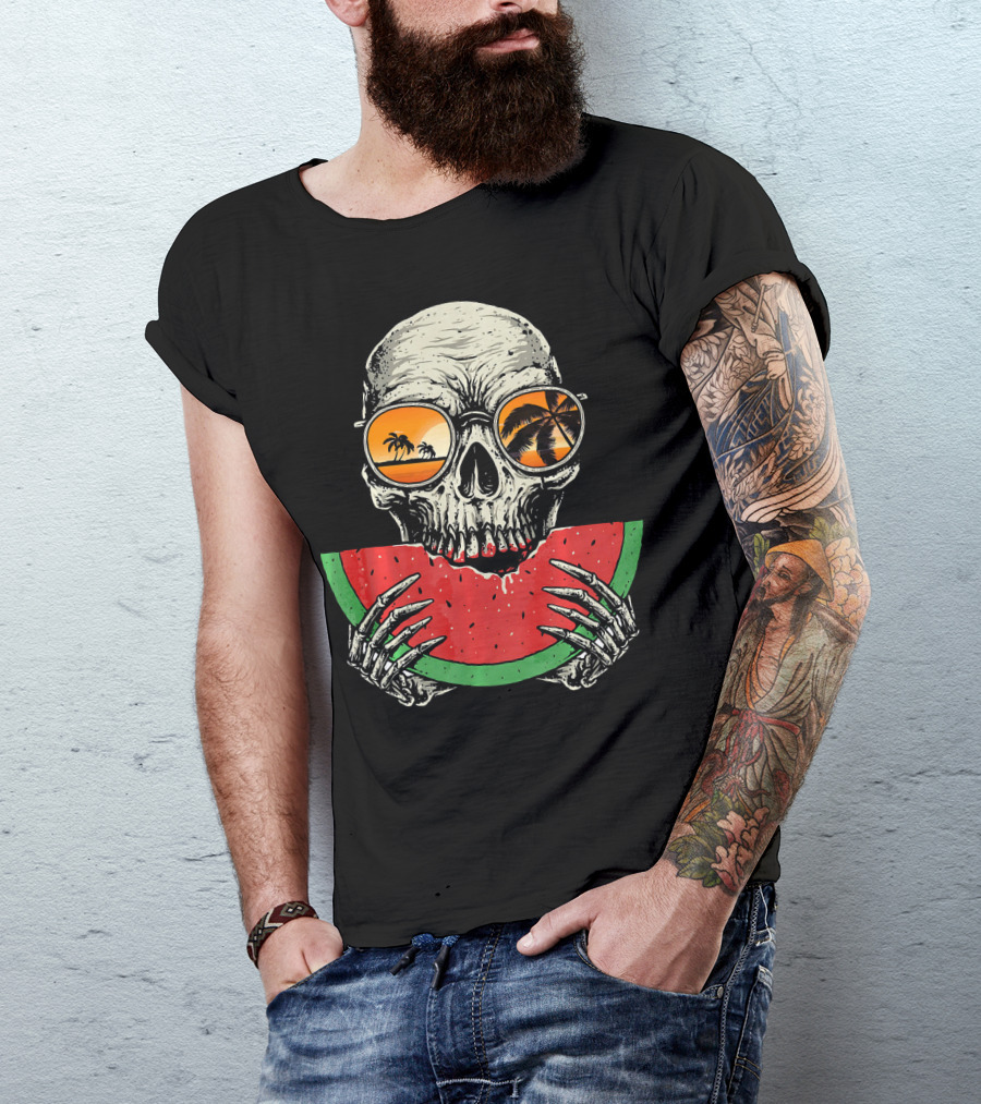 Watermelon Skull Wearing Summer Glasses With Beach Reflections T-Shirt