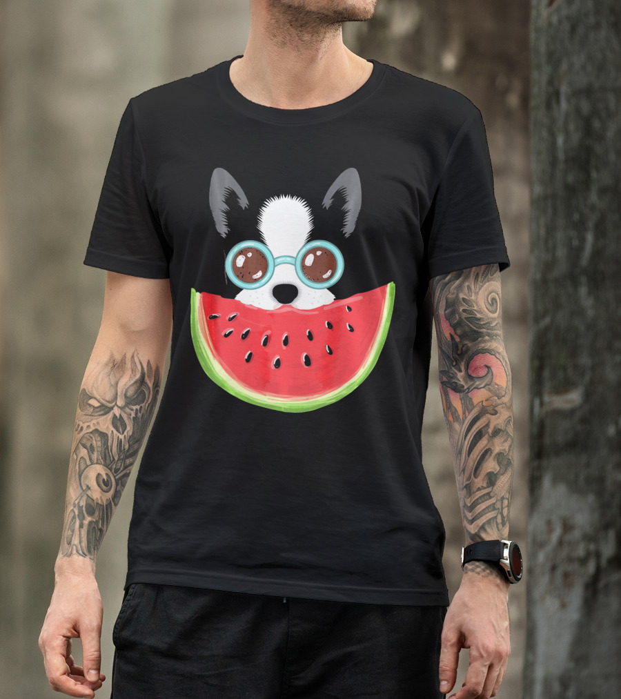 Watermelon Love Funny Boston Terrier With Sunglasses T-Shirt