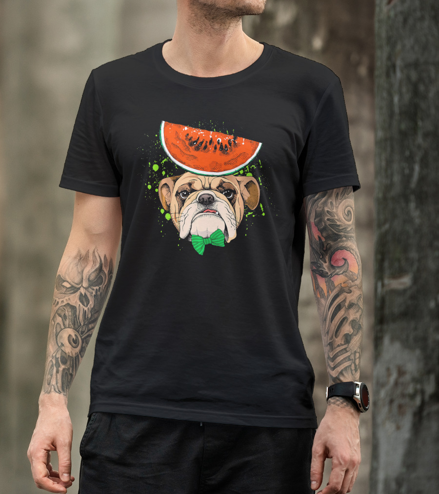 Bulldog Wearing Watermelon Hat With Green Bow Tie T-Shirt