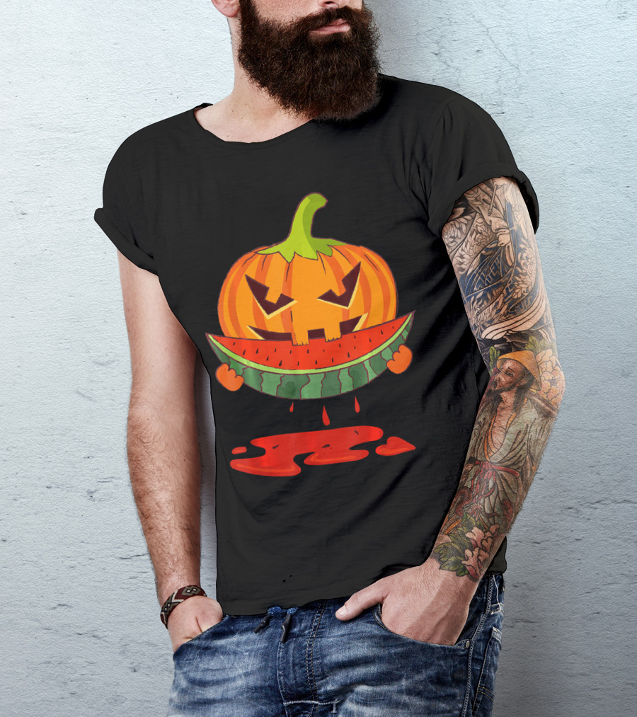 Creepy Pumpkin Devours Juicy Watermelon In Spooky T-Shirt