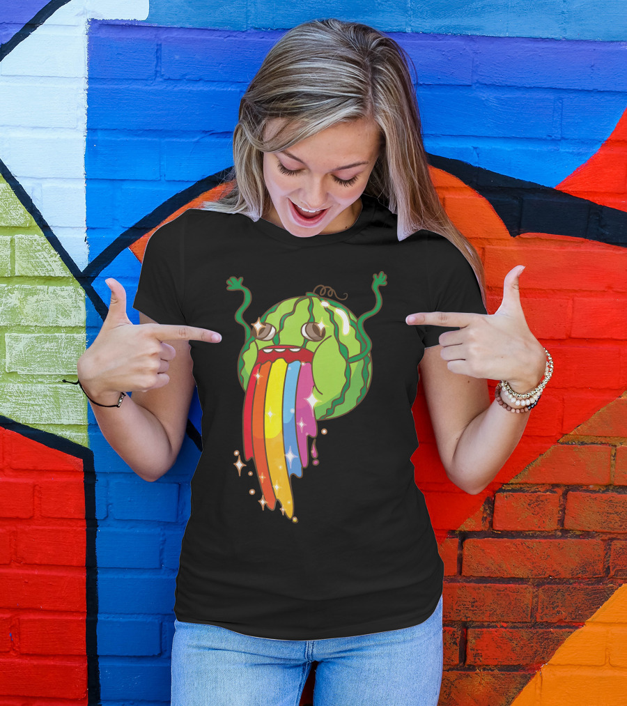 Comic Watermelon Vomits Sparkling Rainbow Streams T-Shirt