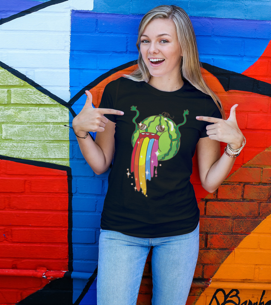 Comic Watermelon Vomits Sparkling Rainbow Streams T-Shirt