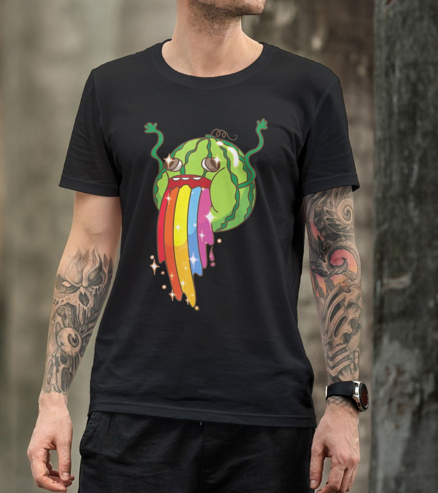 Comic Watermelon Vomits Sparkling Rainbow Streams T-Shirt