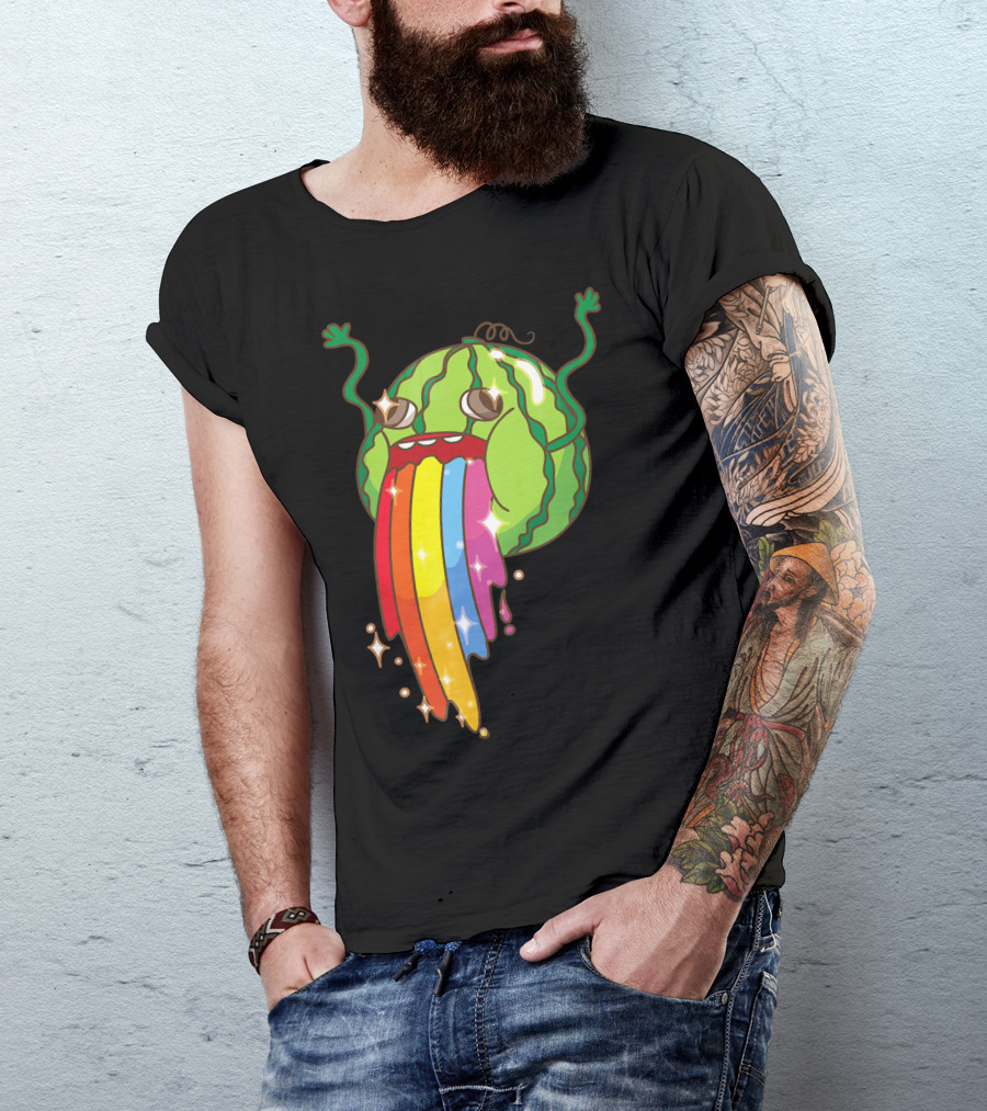 Comic Watermelon Vomits Sparkling Rainbow Streams T-Shirt