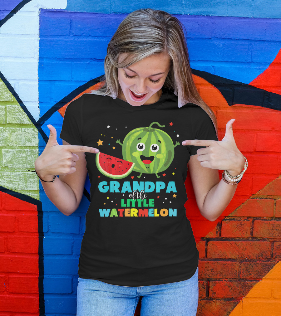 Grandpa Of The Little Watermelon With Happy Cartoon Fruit And Colorful Stars T-Shirt